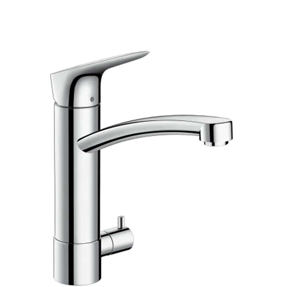 Chromfarbener Wasserhahn von Hansgrohe mit schwenkbarem Auslauf und seitlichem Betätigungshebel. Eignet sich für die Montage an Spültischen.